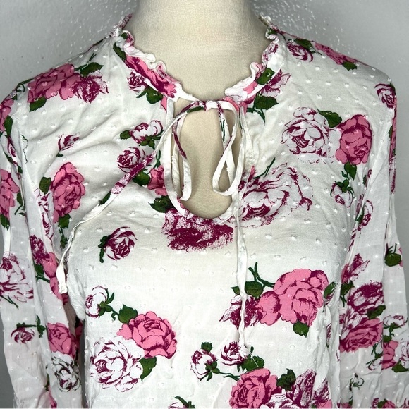 MODCLOTH Floral Blouse Swiss Dot White Pink Tie Front Long Sleeve Size Medium - Picture 2 of 9